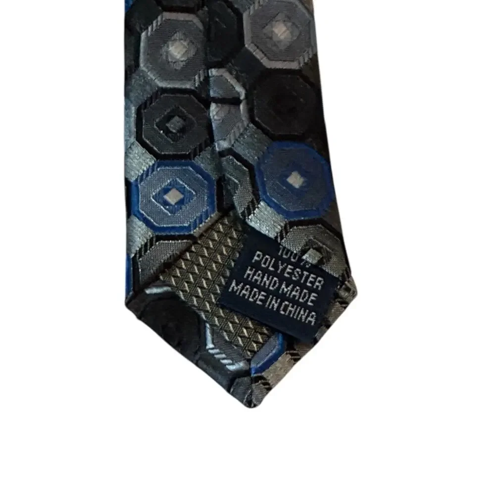 VTG Croft & Barrow‎ Blue Black Silver Geometric Silk Necktie Hexagon Pattern Tie